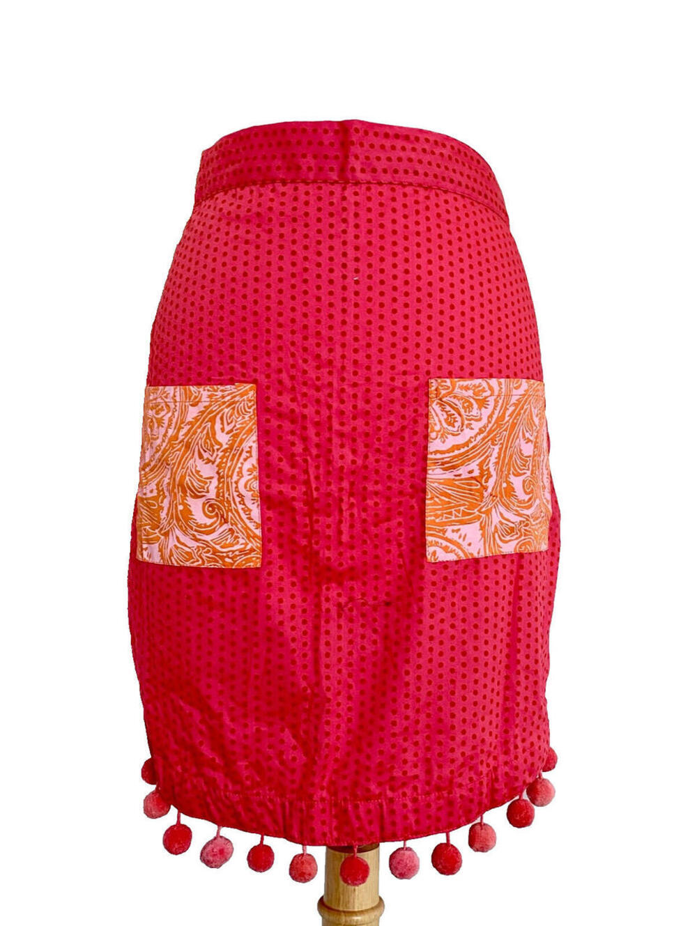 NEW India Rose Pink Polka Dot Waist Apron PomPom Trim Orange Pockets OS